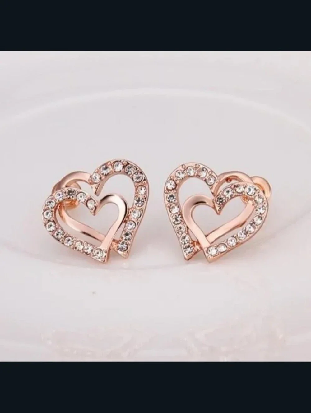Rose Gold Crystal Heart Stud Earrings - Women Jewelry